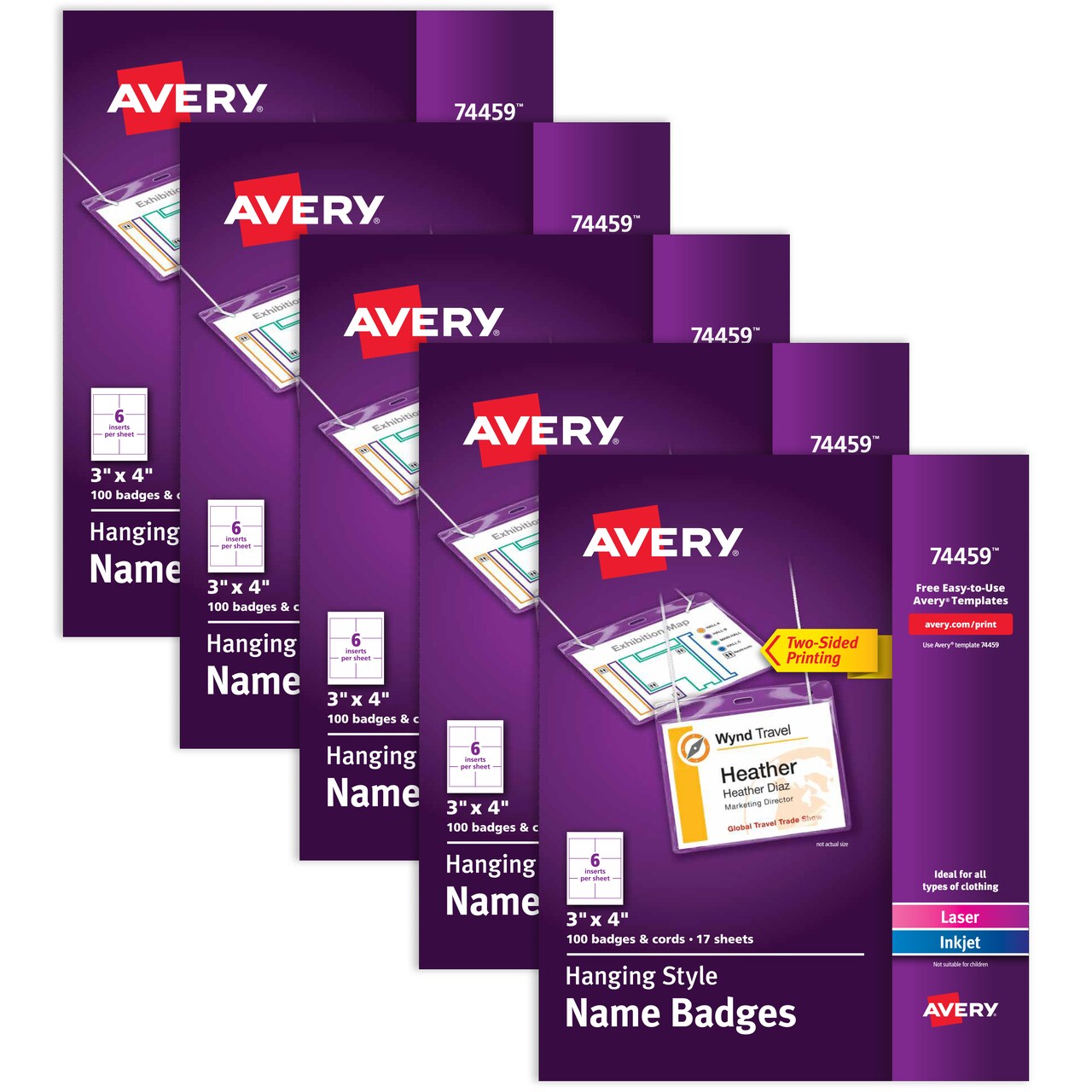 Avery Customizable Name Badges, Includes Cords, 3" x 4", Laser/Inkjet Printable Inserts, 100 Name Tag Holders per Pack, 500 Total (5 Packs of 74459)